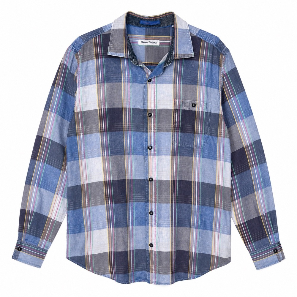 Tommy Bahama Mood Indigo Plaid Button Up Shirt Blue XLT Tall